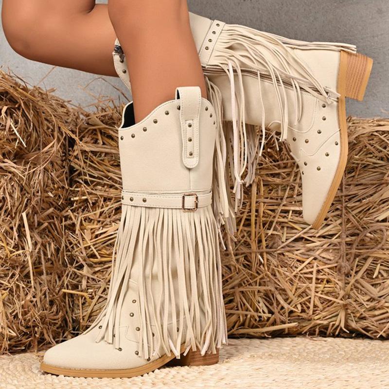 Ботильоны женские в уличном стиле с заклепками и бахромой, новые, бежевые, больших размеров 36-43, ботильоны до середины голени для женщин, с острым носком, на молнии, Botas Female