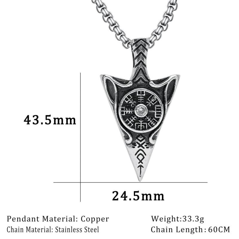 Vintage Rune Compass Pendant Necklace With Spear Tip Design Copper Antique Finish Pearl Chain Gothic Style Daily Wear