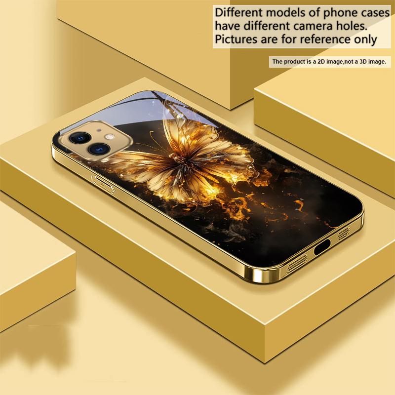 Теплый пламенный бабочка для iPhone 17Pro Max 16 17 Pro 15 Pro 14 13 Plus 12 Mini 11Pro Max XR 16E 17Air Золотой стеклянный чехол для телефона