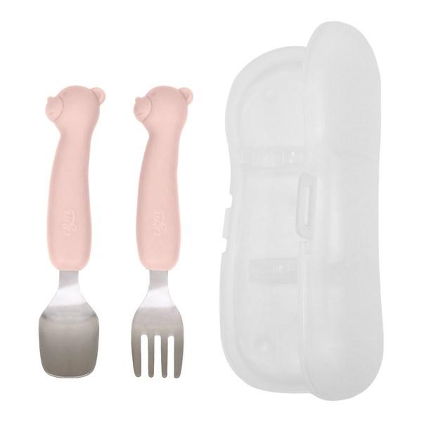 TGM Baby Portable Bear Silicone Petite Stainless Steel Spoon + Fork + Case Set, 1 Set, Coral Pink (spoon, Fork), Random Delivery (case)