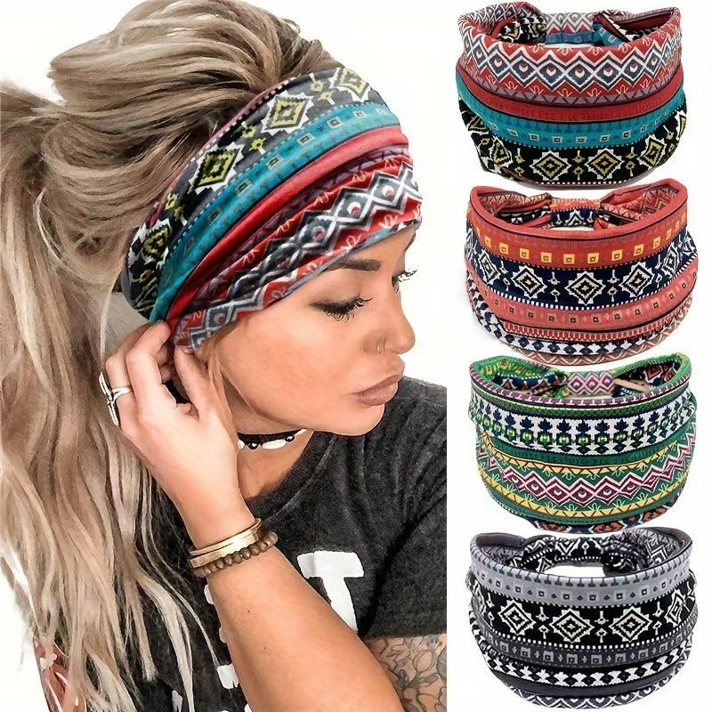 Bohemian Ethnic Print Yoga Headband - Wide Elastic, Sweat-Absorbing Headscarf