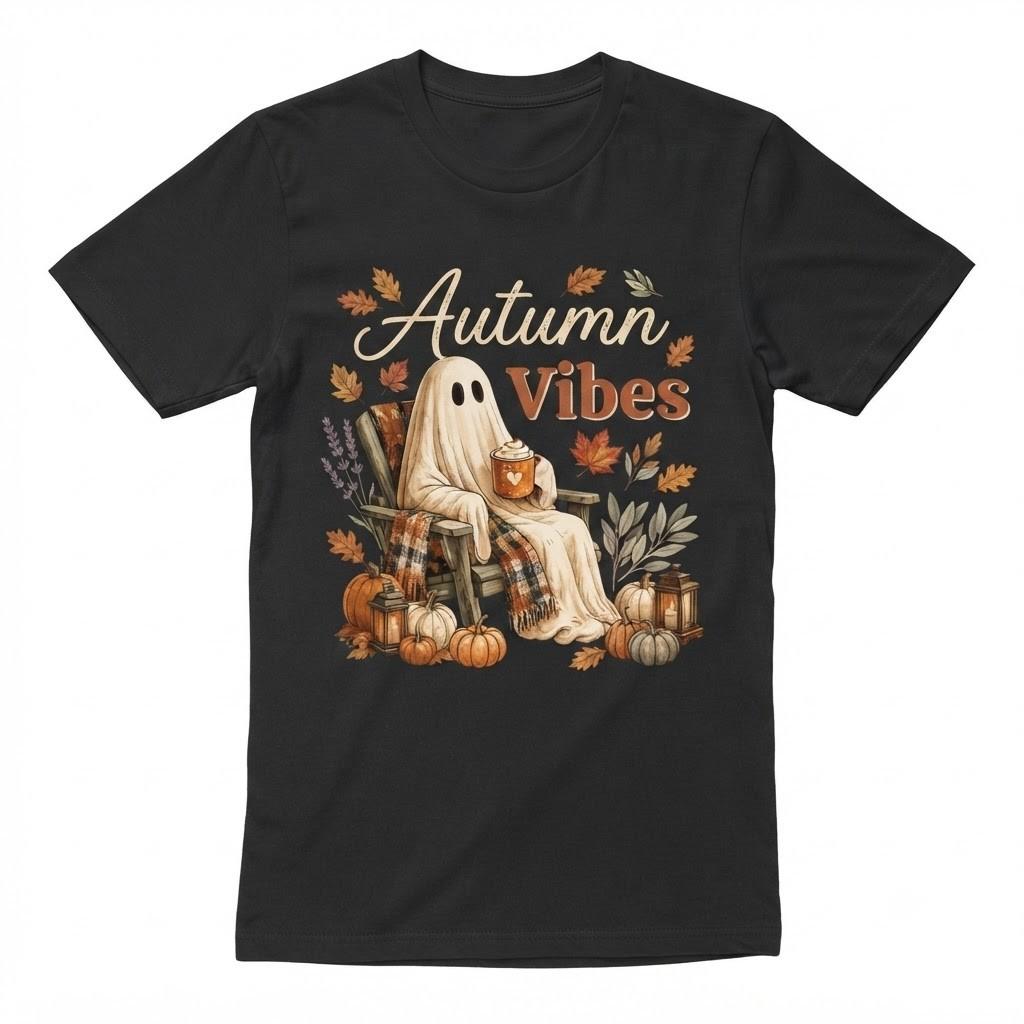 Hello Fall Vibes T-Shirt, Drinking Coffee Ghost Shirt, Coffee Lover Gift