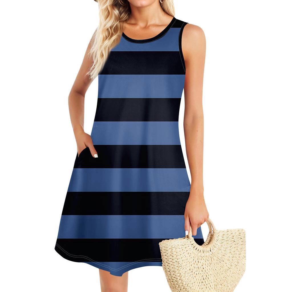 Летние платья для женщин Пляжный Бохо без рукавов Винтажный принт Футболка с карманами Сарафаны-майки