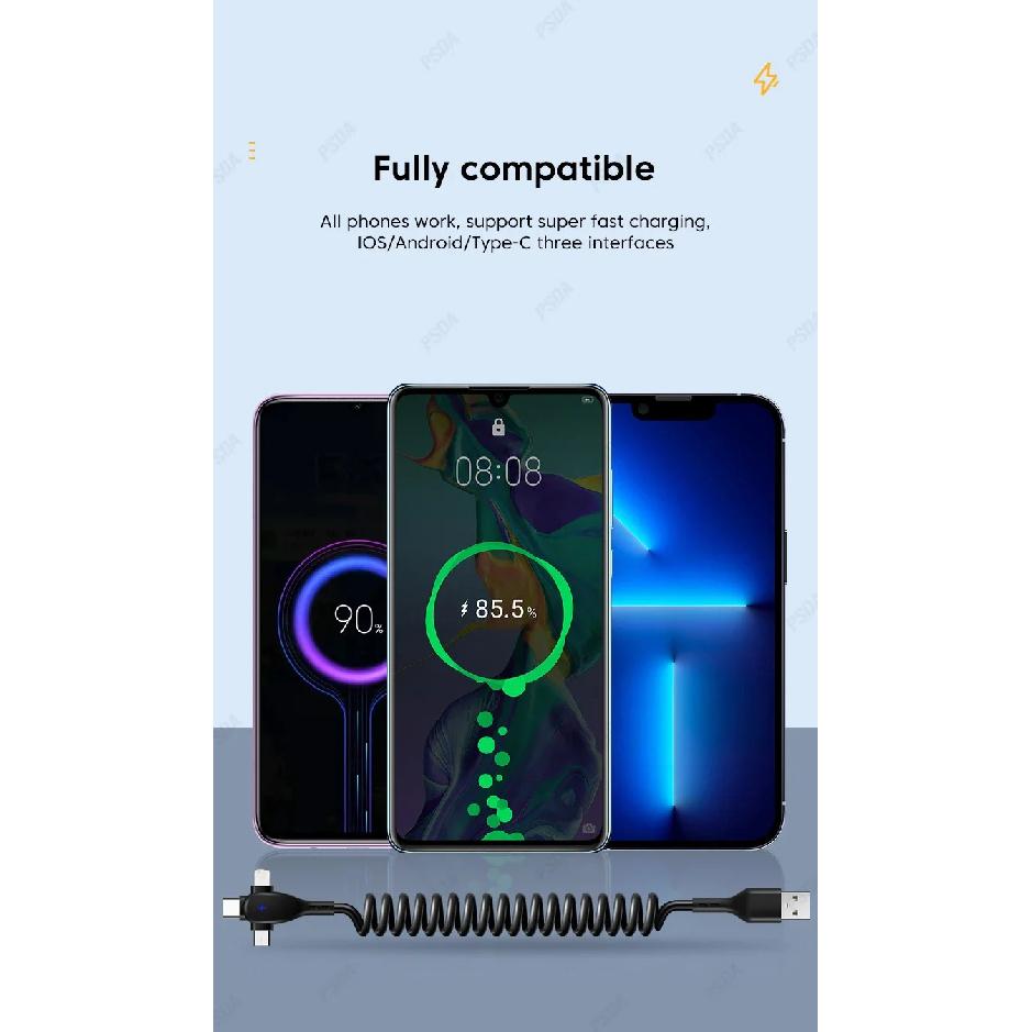 3 в 1 66 Вт 6 А Быстрая зарядка USB Type C Кабель Micro USB Пружинный автомобильный зарядник Для iPhone Xiaomi Samsung Зарядный шнур для телефона