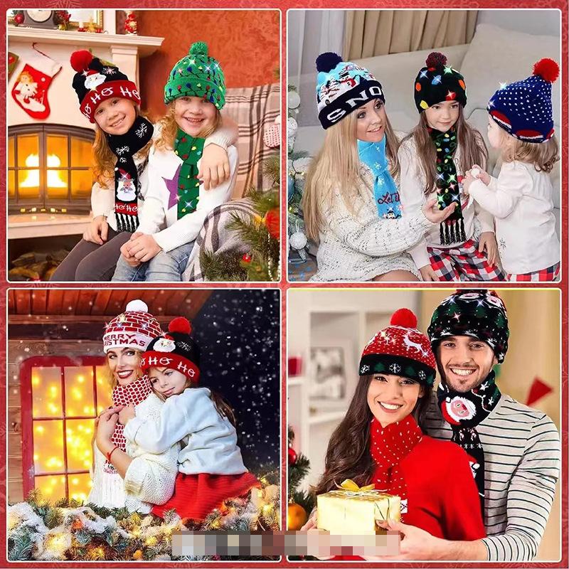 LED Light-Up Elk Jacquard Knit Hat & Scarf Set for Christmas & New Year.