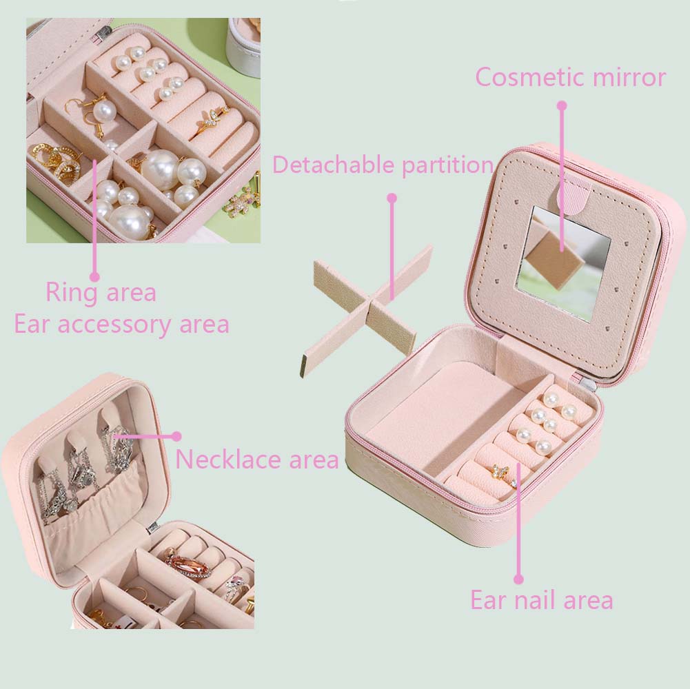 1 Piece Ladies Travel Jewelry Box with Mirror, Small Bead Box, Earrings, Rings, Necklaces, Bracelets, Portable Mini Jewelry Box