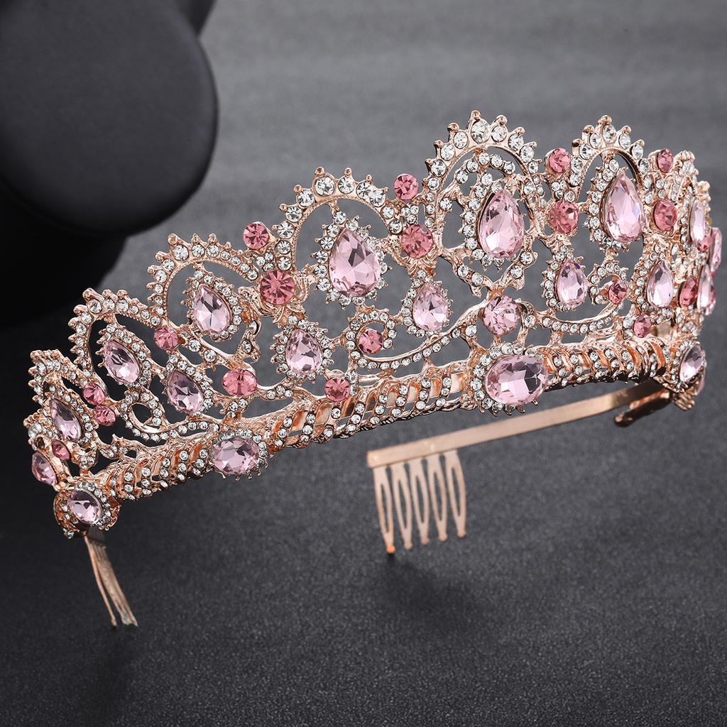 Rose Gold Bridal Crown Pink Diamond High End Crystal Crown Tiara  Wedding Accessories Crown Comb