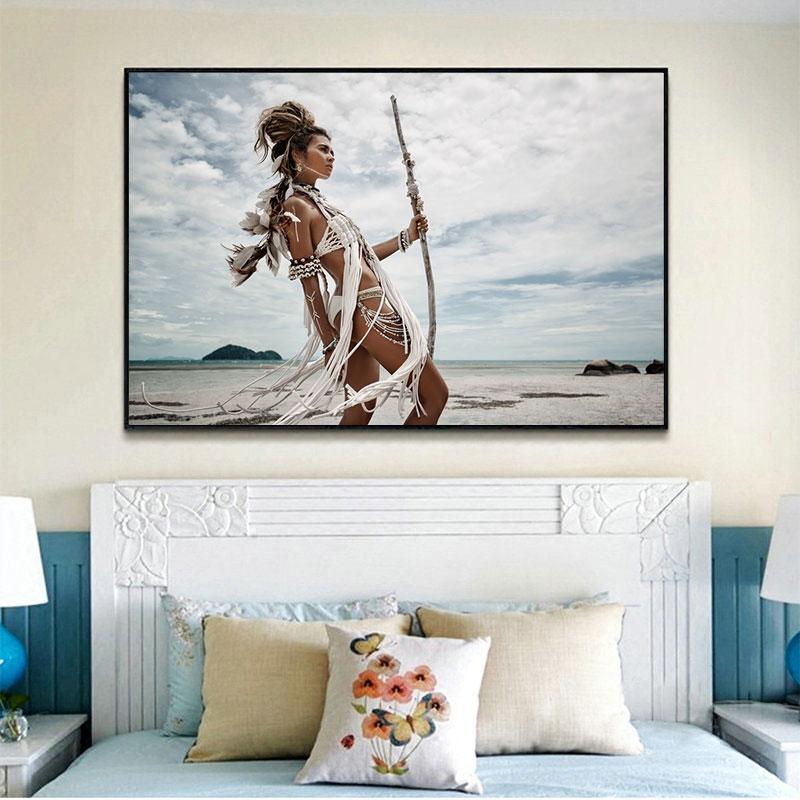 Портретные постеры для девочек в стиле бохо, холст, картина, американская девушка с перьями, женские современные настенные художественные картины для гостиной, домашний декор