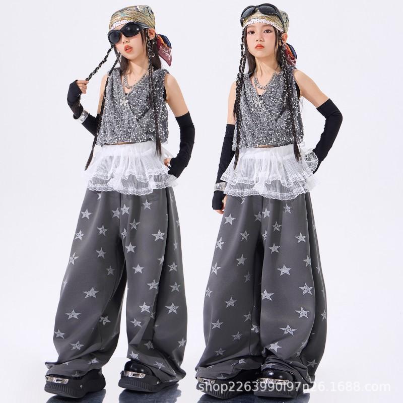 Girls Jazz Dance Performance Outfit Set Kids Street Costume Sleeveless Top Pants With Accessories