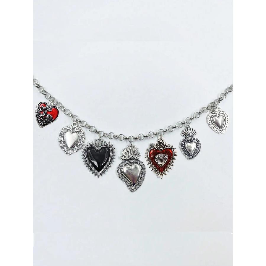 Готическое массивное цепное колье с подвесками в виде пылающего сердца и злых глаз, античное серебро, красное, черное, украшения на Хэллоуин