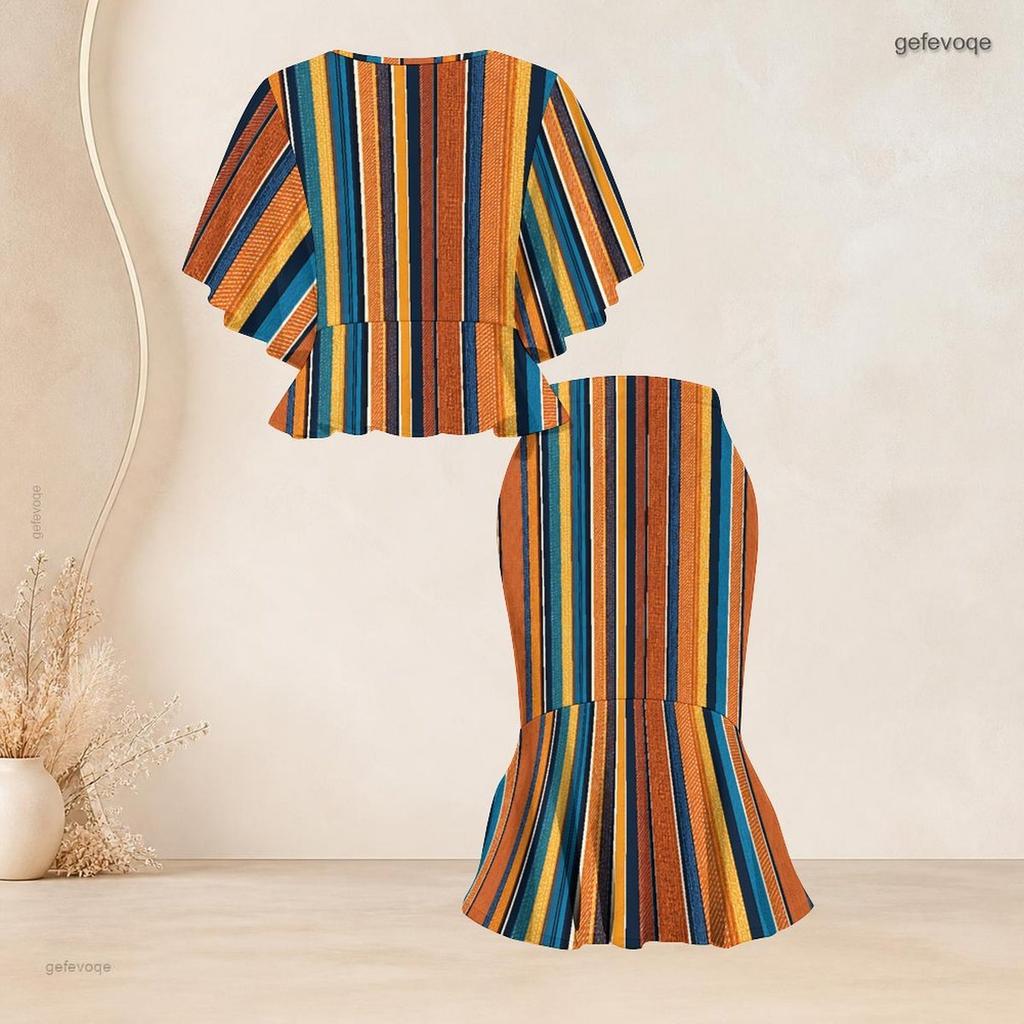 Women Plus Size Printed Round Neck Ruffle Sleeve Ruffle Hem Top Fishtail Skirt Two Piece Set