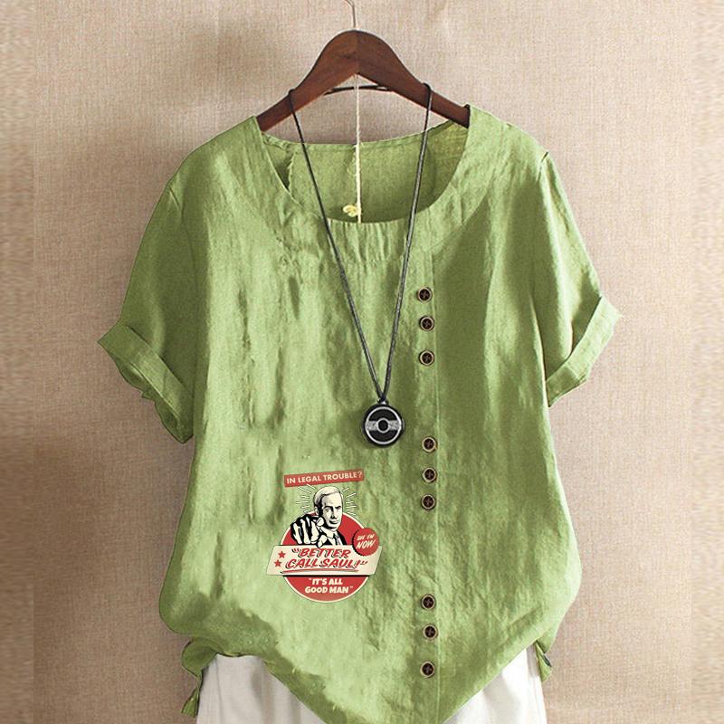 Women's Fashion Round Neck Short Sleeve T-shirt Casual Cotton Linen Graphic Shirt Pattern Prined Summer Blouse Tops Plus Size