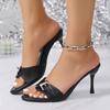Fashion Punk Metal Buckle Slip On Black Shoes Women 2025 Summer Sexy Pointed Toe Slippers Super High Heels Party Dress Slides Size 34-42