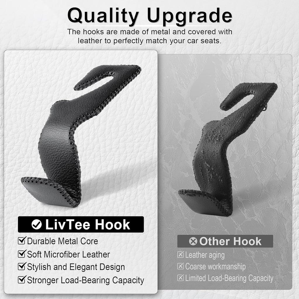 LivTee Black Superior Leather Car Seat Back Headrest Hook, Auto Seat Hook Hangers Interior Accessories For Purse Coats Umbrellas Grocery Bags