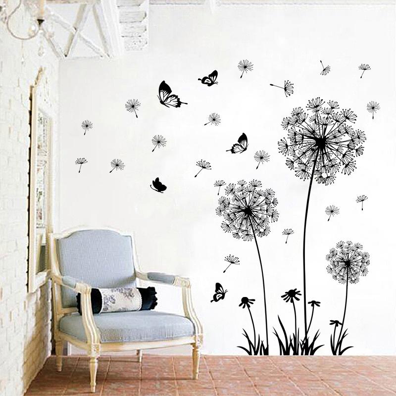Black Dandelion Wall Sticker Sofa Bedroom Background Wall Sticker Living Room TV Decoration Self-adhesive Painting