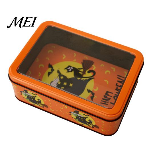 Halloween Candy Tin Boxes Box with Clear Lid, Witch Pumpkin Ghost Window Metal Cases Storage Container for Cookies Snacks, Festive Decorative
