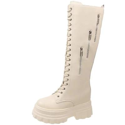 Модные женские толстые каблуки мотоциклетные длинные сапоги новые зимние 11 см массивные сапоги для верховой езды из искусственной кожи рыцарские сапоги женские на молнии до колена Botas