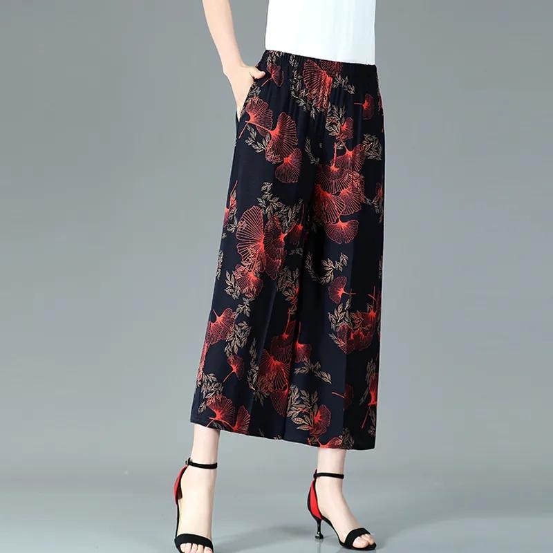 WTEMPO Женские широкие брюки из смеси хлопка и конопли большого размера, тонкие укороченные брюки с высокой талией и эластичным принтом для мамы