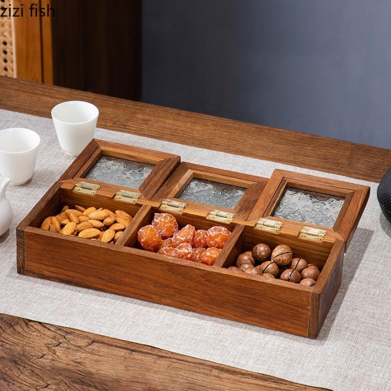 Ящик для хранения из цельного дерева, стеклянная крышка, шкатулки для украшений, 3 решетки, тарелка для закусок, коробка для сухофруктов, коробки для конфет, органайзер для украшений, подносы для закусок
