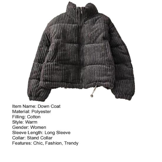 Женская вельветовая куртка-пуховик с длинными рукавами на молнии, стеганое пуховое пальто, зимняя утолщенная теплая куртка с подкладкой