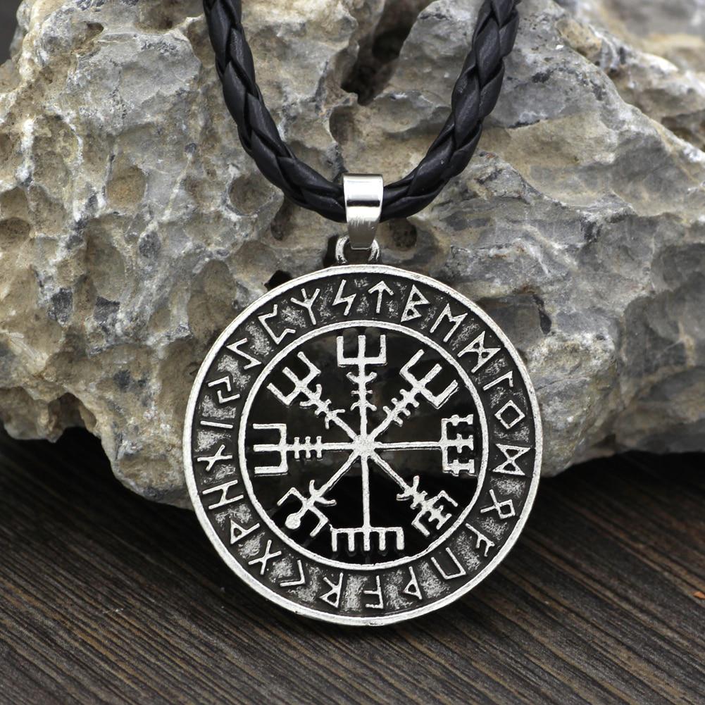 Viking Icelandic Helmet Horror In Runic Circle Pendant Magical Staves Compass Rune Amulet Necklace