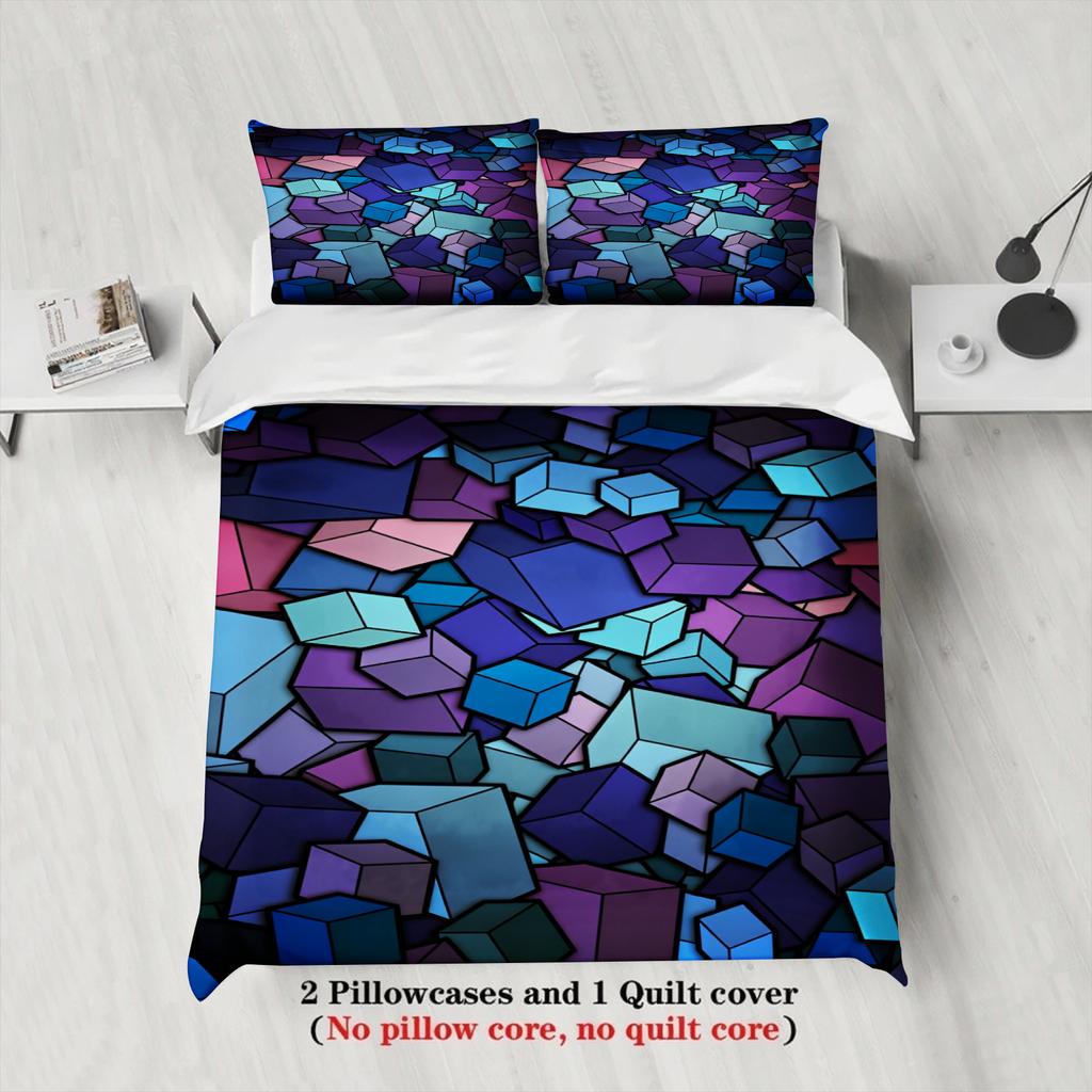 3PCS 3D Iridescent Geometric Cube Duvet Cover Set with Pillowcases Modern Minimalist Bedding No Insert Queen King SizeSize