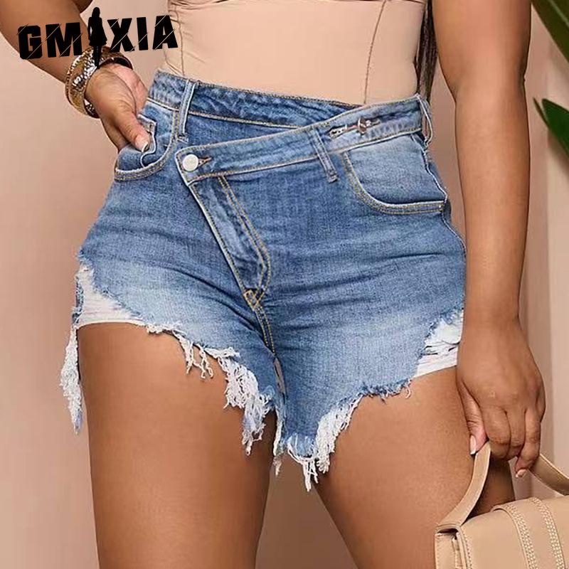 GMXIA Весна-лето, сексуальные меховые джинсовые шорты с высокой талией для стройных женщин