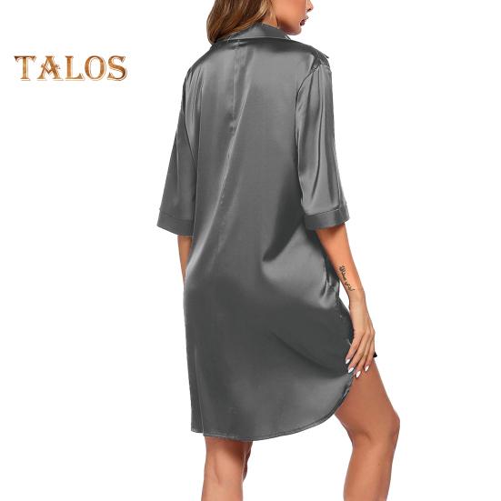 Женская летняя ночная рубашка с коротким рукавом, рубашка с отворотом, однобортная, свободная, сплошной цвет, атласная, свободная, с разрезом подол, домашняя одежда, платье для сна, ночная рубашка