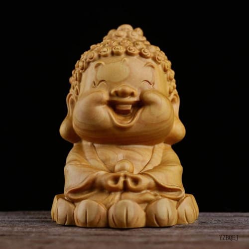 Cute Mini Shakyamuni Buddha Statue, Carved from Premium Natural Boxwood, Perfect for Soto Zen Buddhism, Zazen, or as a Laughing Buddha, Buddhist Altar