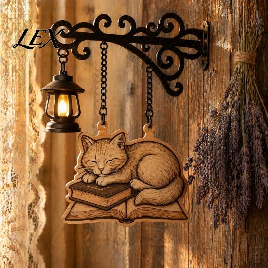 Bookworm Office Accessory Vintage Bookshelf Light with Cat Sleeping on Book Design, Retro Lantern Small Indoor Accent Lamp for Reading, Decorative LED