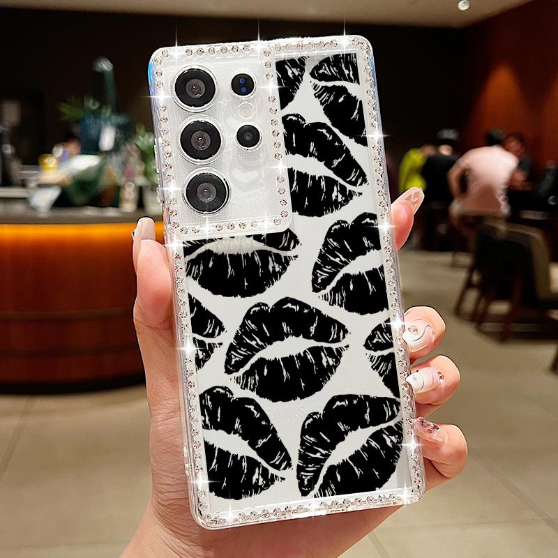 Мягкий силиконовый чехол с принтом в виде губ и ромбовидной рамкой для Samsung S25 Edge S24 FE S23 Ultra S22 A16 A56 A36 A15 A55 A35, прозрачный противоударный чехол для телефона