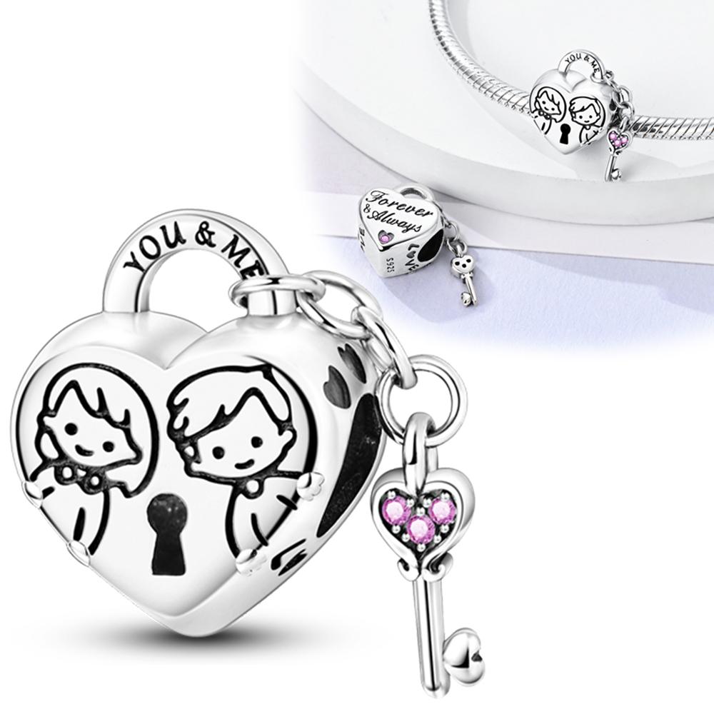 S925 Sterling Silver Key & Lock Heart Pendant Fit Charms Silver S925 Original Bracelet for Jewelry Making