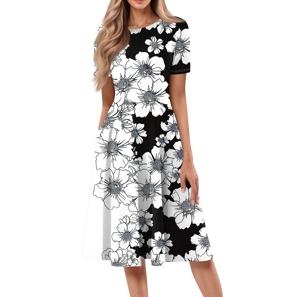 Women's Loose Casual And Fashionable Round Neck Short Sleeved Printed Mid Length Dress