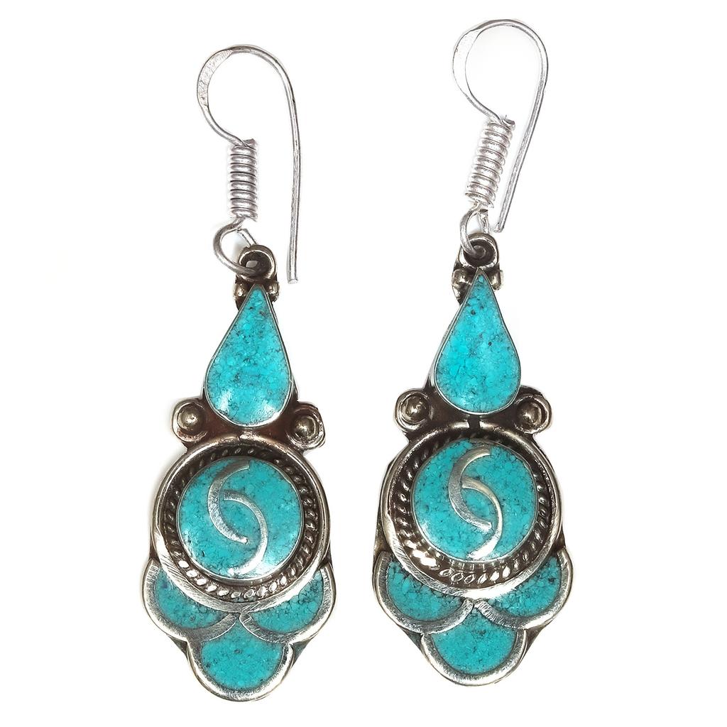 Tibetan Turquoise Coral Red Earrings Nepali Tribal 12gms 1.5" 1.6" Chunky Gift
