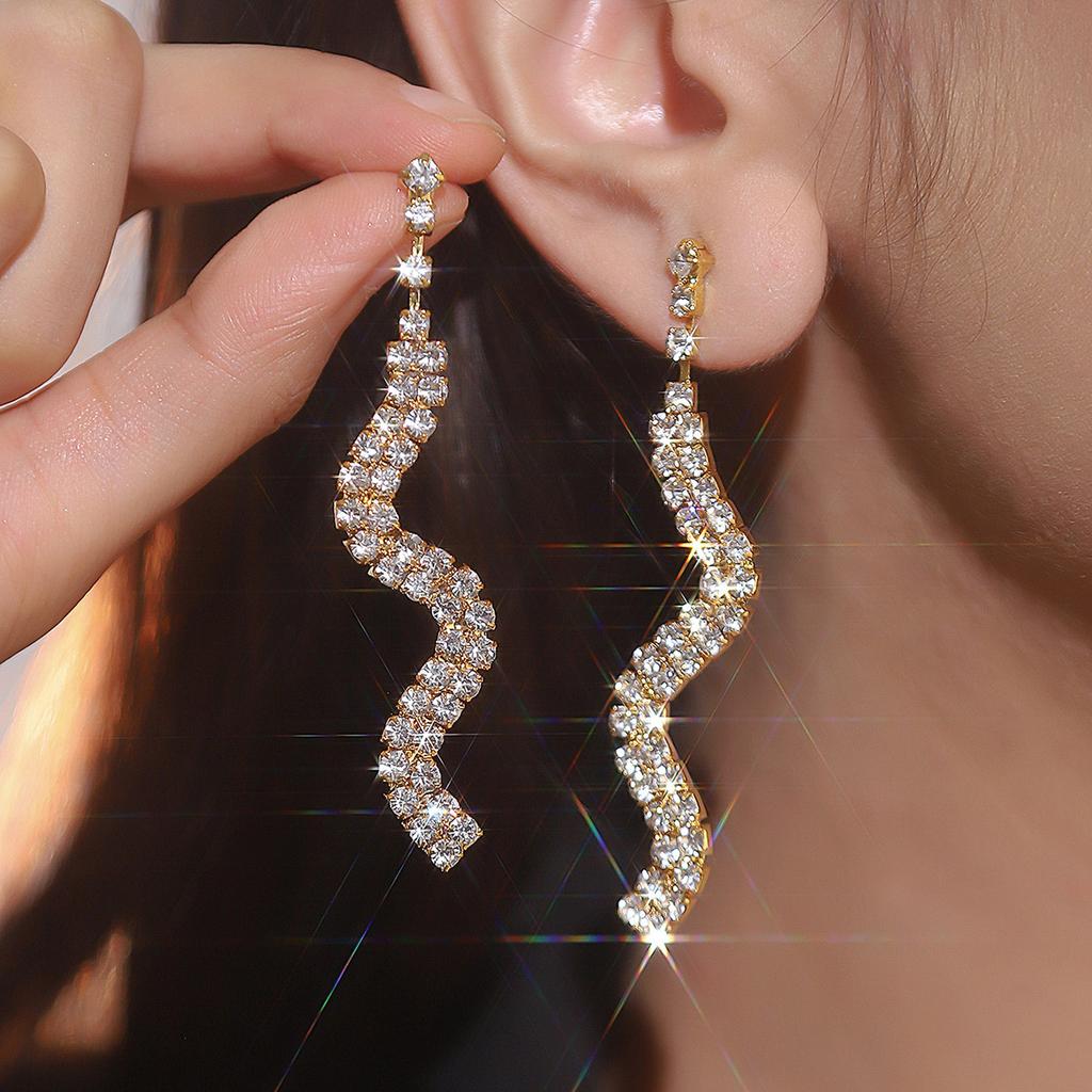 Premium Sense Of Luxury Double Rows Of Snake Ab Rhinestone Earrings Fashion Design Sparkling Earrings Women's Earrings 1 Pair