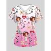 Women's Cartoon Full Body Print V Neck Nurse Surgical Gown Top with Pockets Comfortable Polyester Short Sleeve Work Clothes
