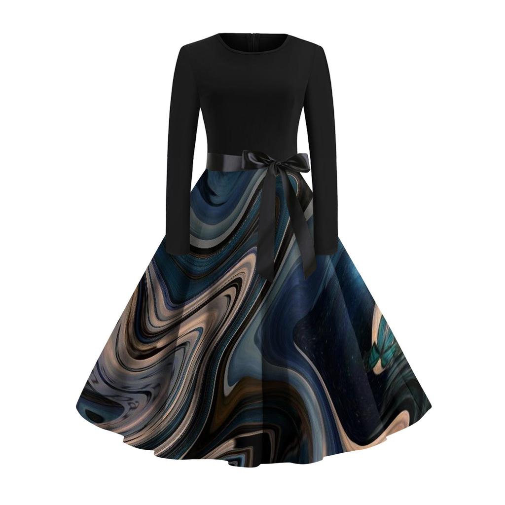 Женское расклешенное платье с принтом для женщин, платье с длинным рукавом, вечерние повседневные платья