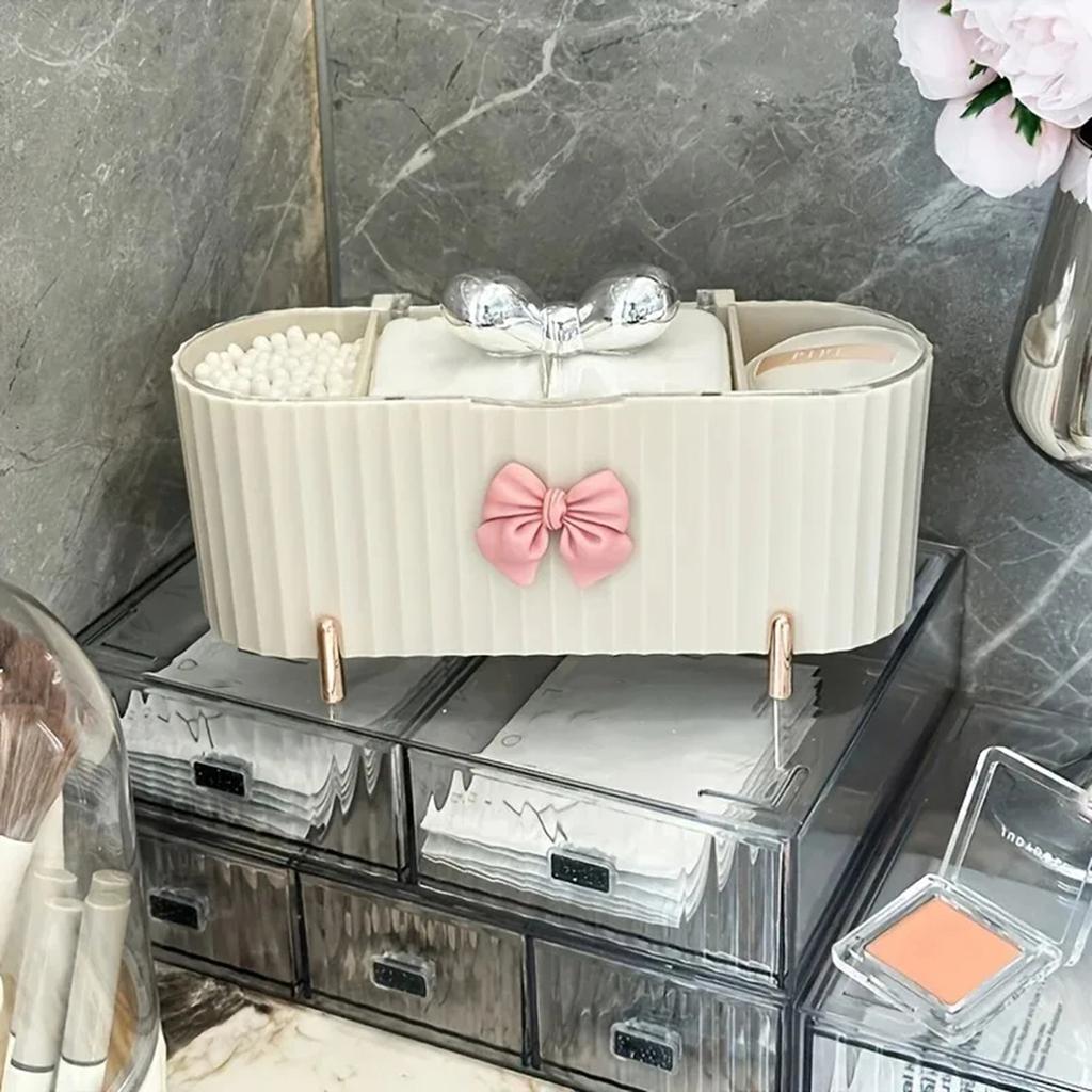 Cosmetic Storage Box Cute Bow Design 3 Grid Transparent Cover Suitable Stick Puffs and Cosmetics Suitable Bathroom Decoration