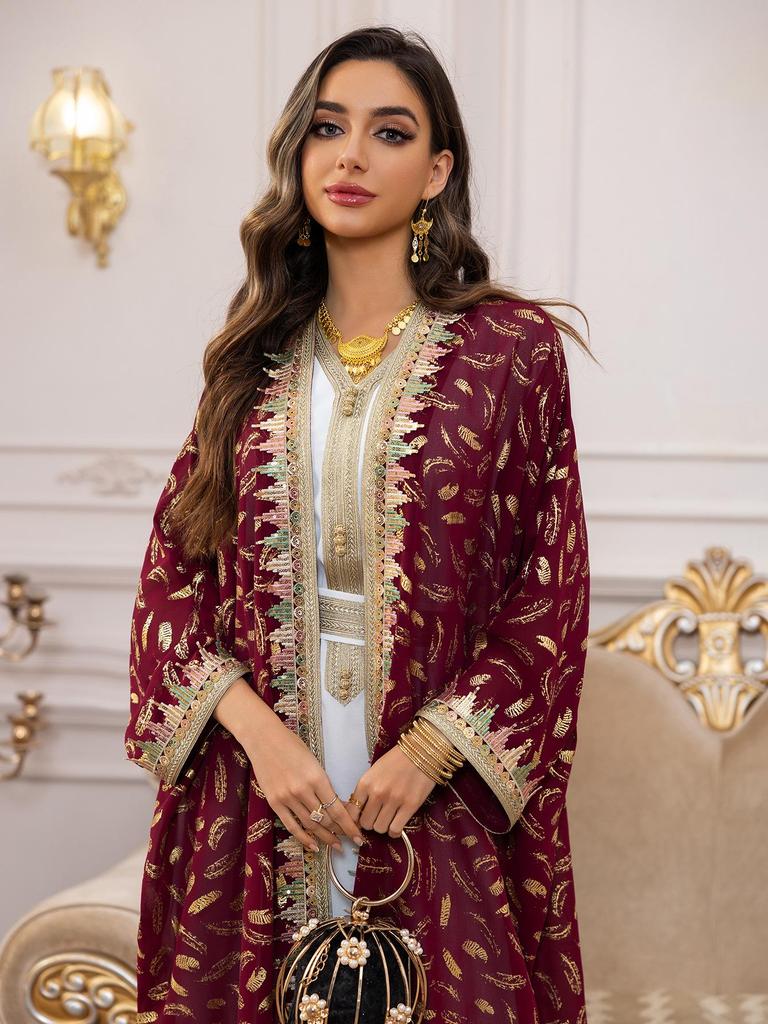 AB454 Женский комплект абайи из дубайского шифона большого размера - Трехпредметный кардиган в ближневосточном стиле, длинное платье с горячим тиснением