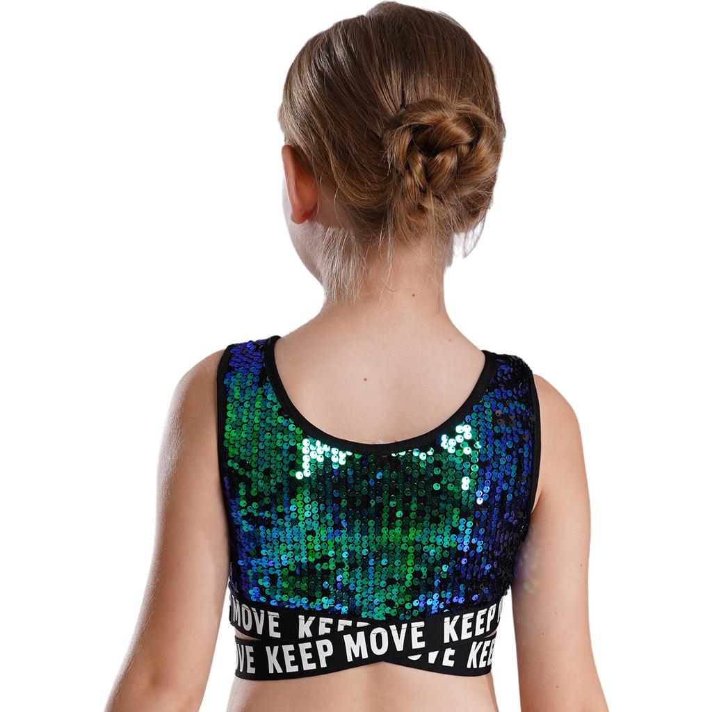 Укороченный топ с блестками для девочек, без рукавов, с круглым вырезом и перекрещивающейся талией, одежда для выступлений в стиле хип-хоп