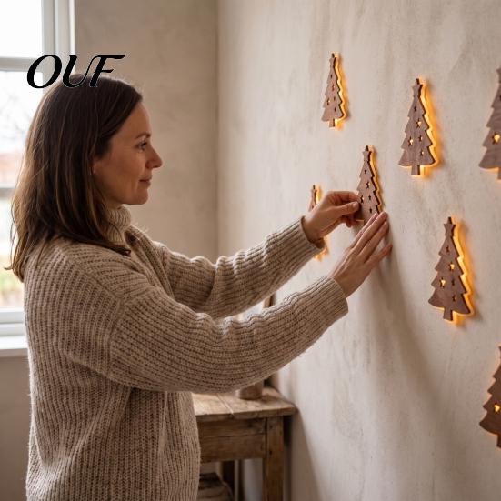 Holiday LED Wall Decorations 7Pcs Christmas Glowing Wooden Silhouette Lights, Xmas Decor, Reindeer Gift for Family Santa Tree Gingerbread Snowflake