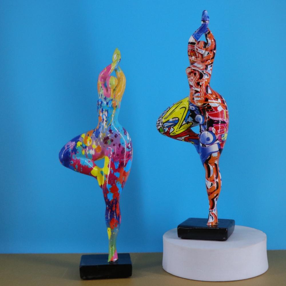 Граффити Йога Леди Фигурки Цветные Абстрактные Танцующая Сексуальная Женщина Скульптура Смоляная Фигура Статуэтка Декор для Дома Гостиной Рабочего Стола