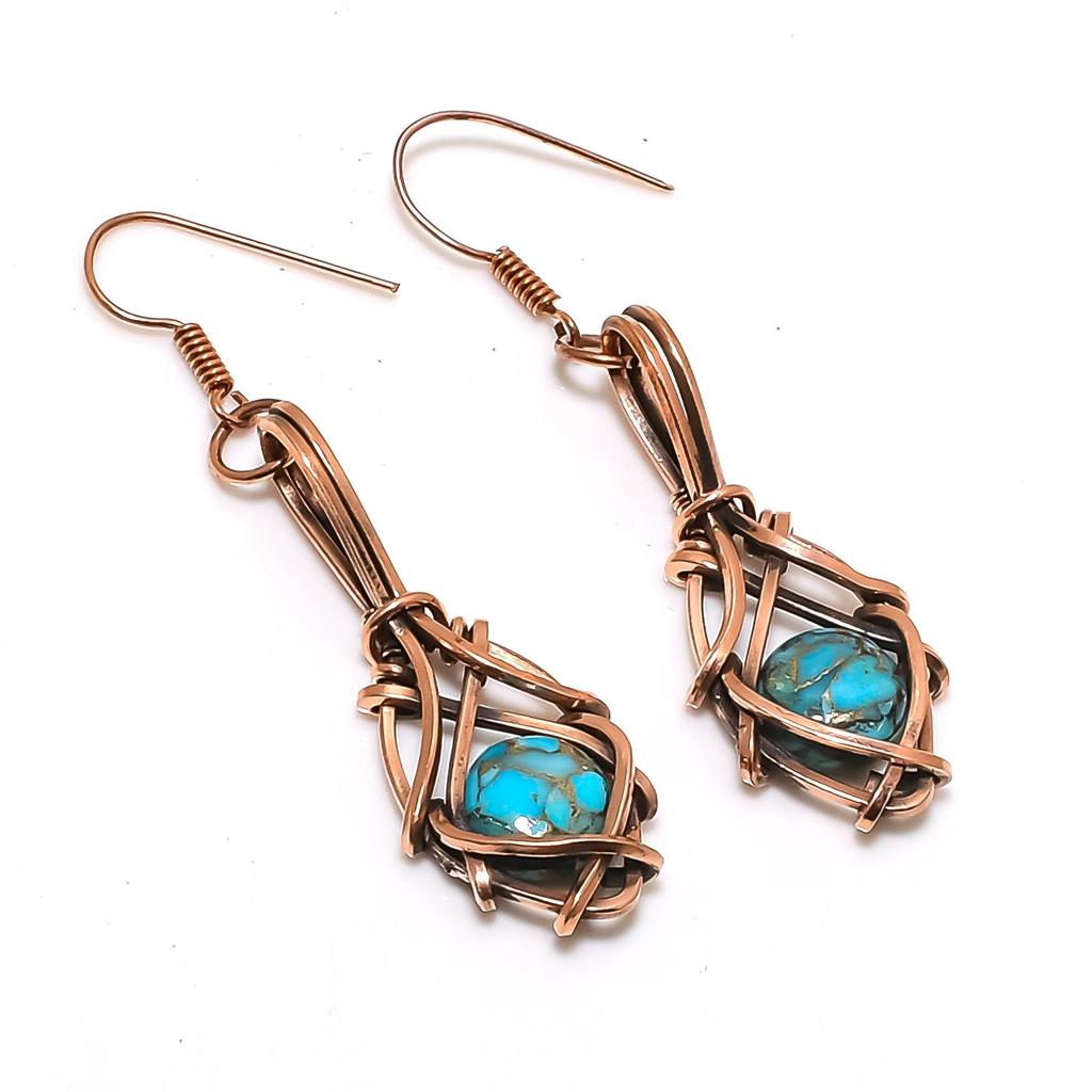 Copper Blue Turquoise Jewelry Handmade Gemstone Earrings, 999 Copper Wire Wrapped Earrings Antique Jewelry, For Engagement Gift
