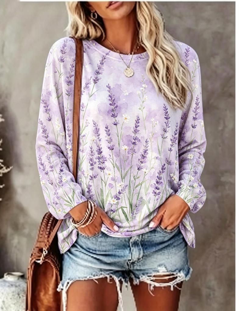 Women Long Sleeve T Shirt Vintage Red Rose Floral All Over Print Crew Neck Casual Fall Tops
