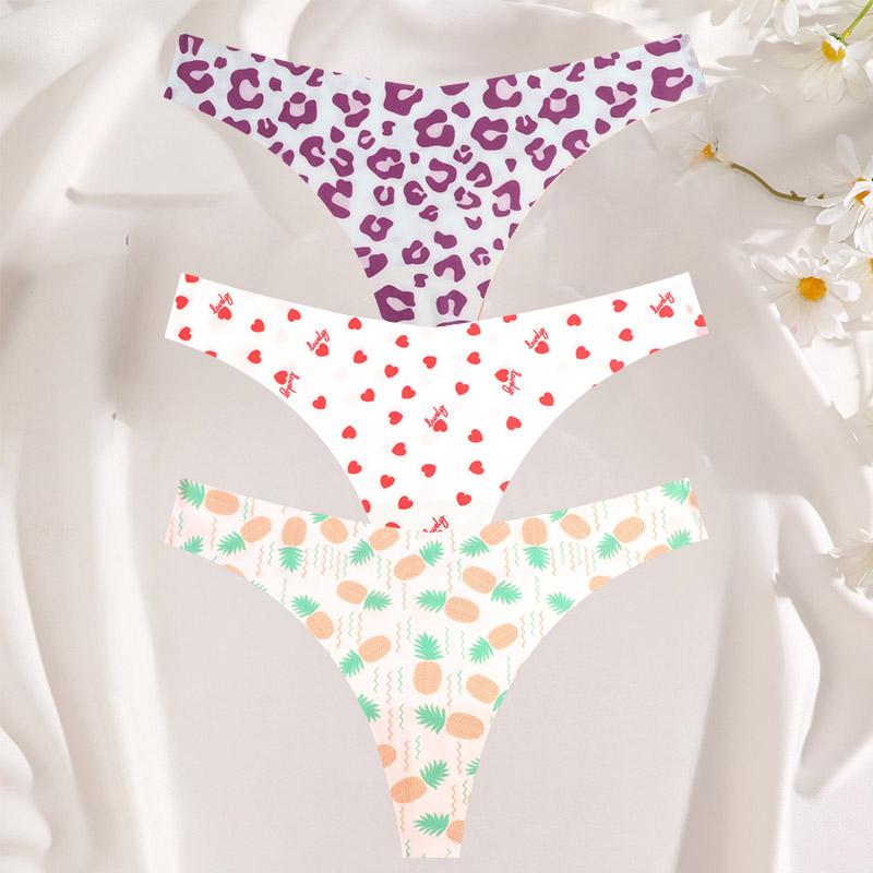 FINETOO 3 шт./компл. сексуальные стринги для женщин из ледяного шелка, цельные бесшовные трусики для девочек, свежее нижнее белье с низкой талией и принтом
