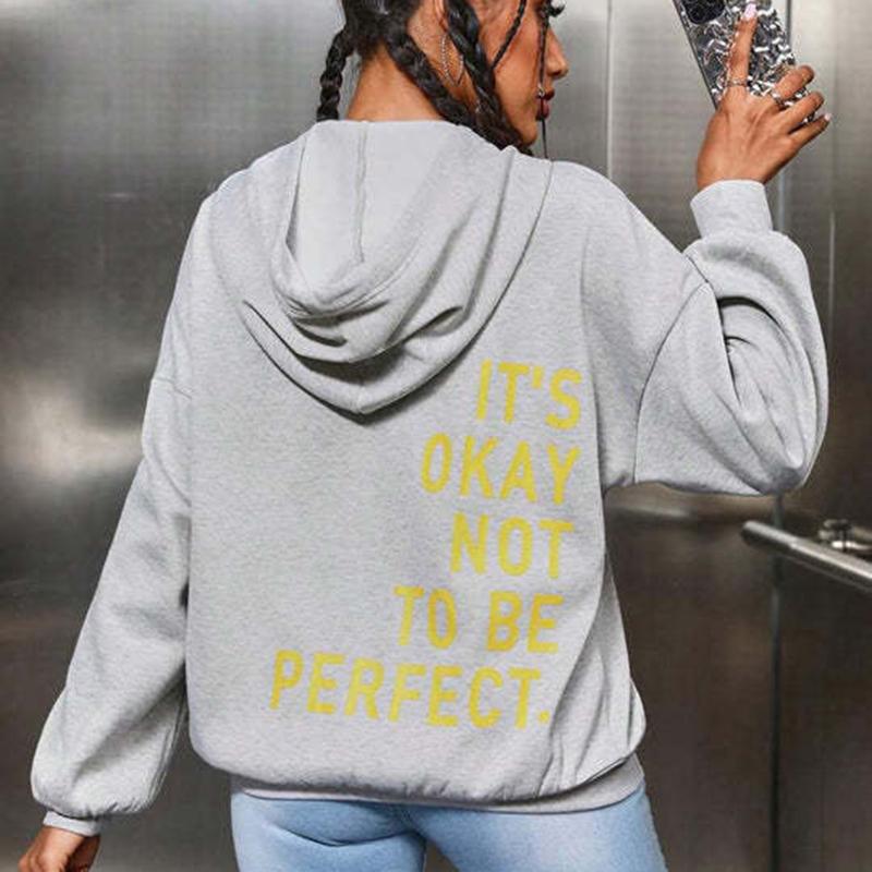 Ladies Spring Autumn Casual Sports Hooded Long Sleeve Big Pocket Letter Printed Pullover Hoodies Sweatshirt Top