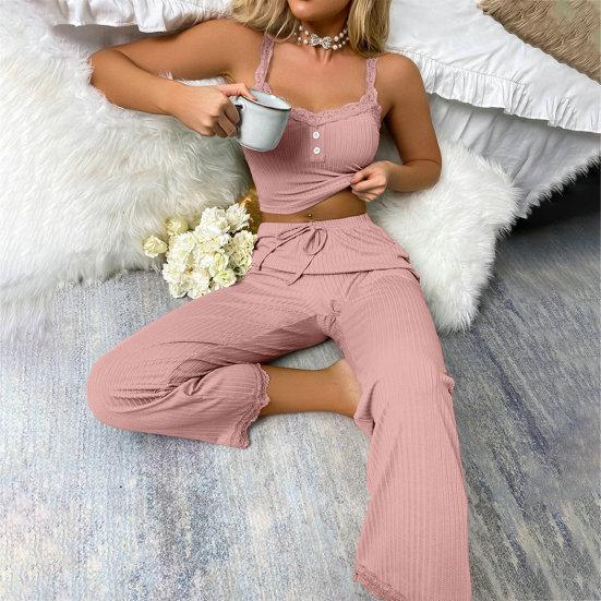 2 Pcs/Set Pants Top Suit Low-cut V Neck Sleeveless Solid Color Shirring Drawstring High Elastic Waist Lace Women Summer Pajamas Set Homewear