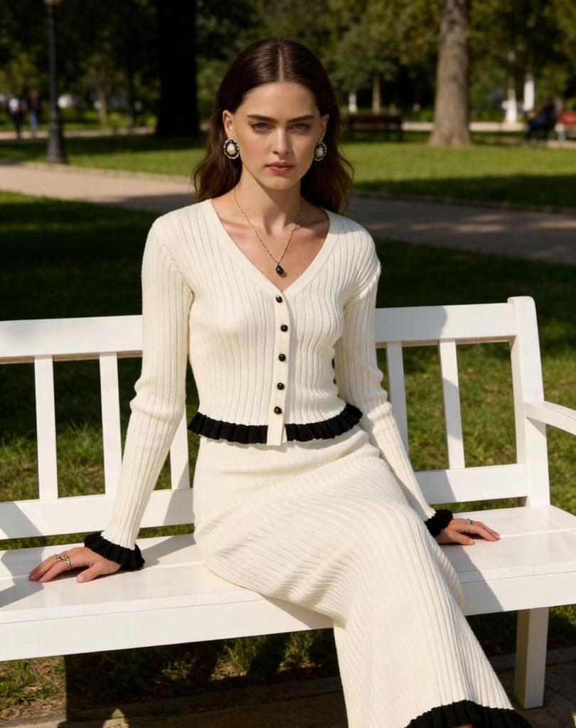 Европейский Шик Осень/Зима Женский Комплект: Вязаный Кардиган и Юбка с Элегантными Французскими Воланами