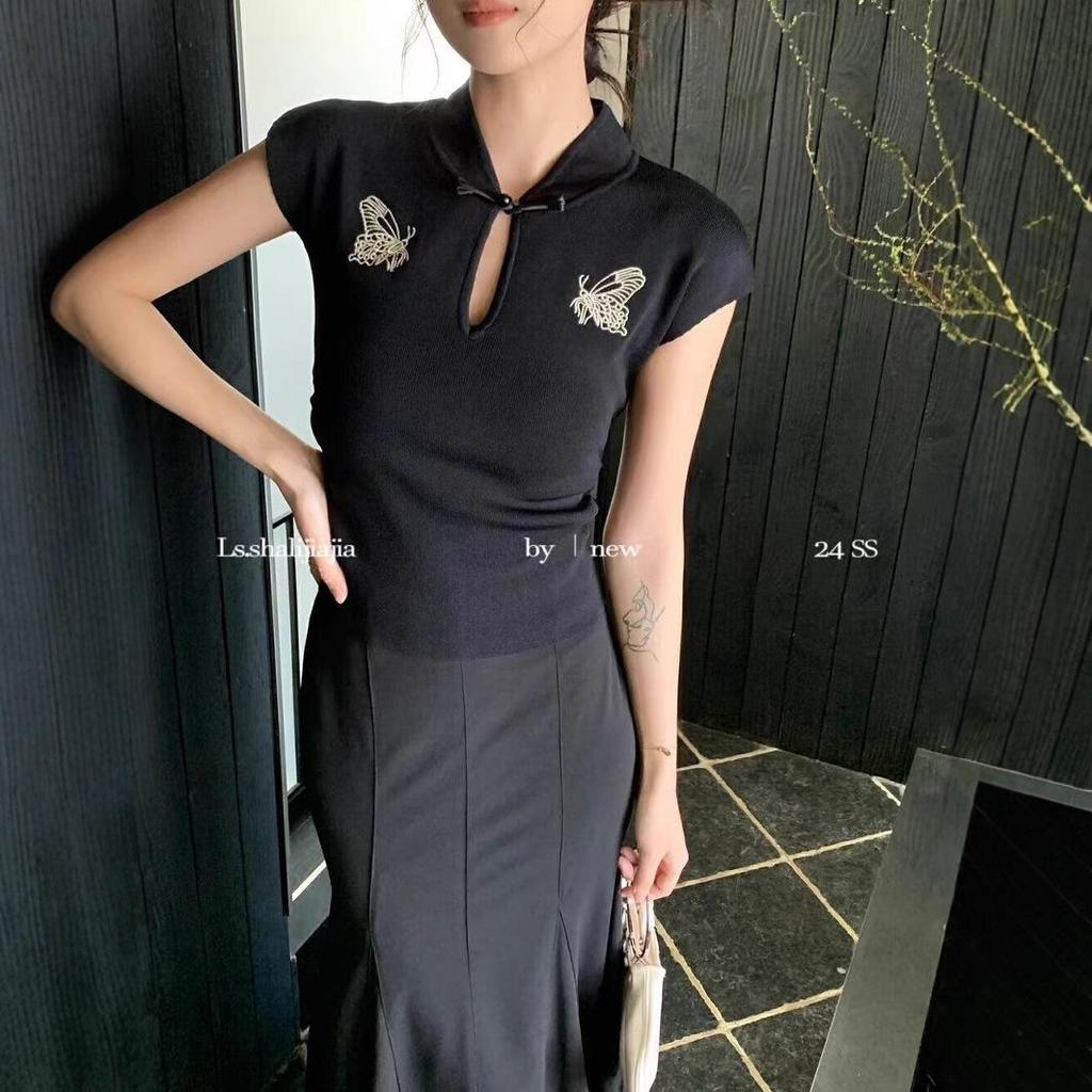 Женская приталенная футболка с ретро-вышивкой китайских бабочек, высоким воротником и короткими рукавами