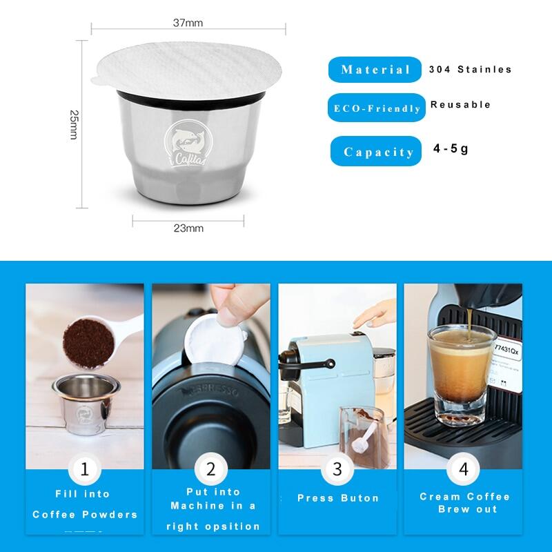 i Cafilas [NESC02] Использование 2 в 1, совместимо с капсульным фильтром Nespresso, многоразовые капсулы для кофе Crema, капсулы, тамперный зажим с крышками Reusbale, фольга